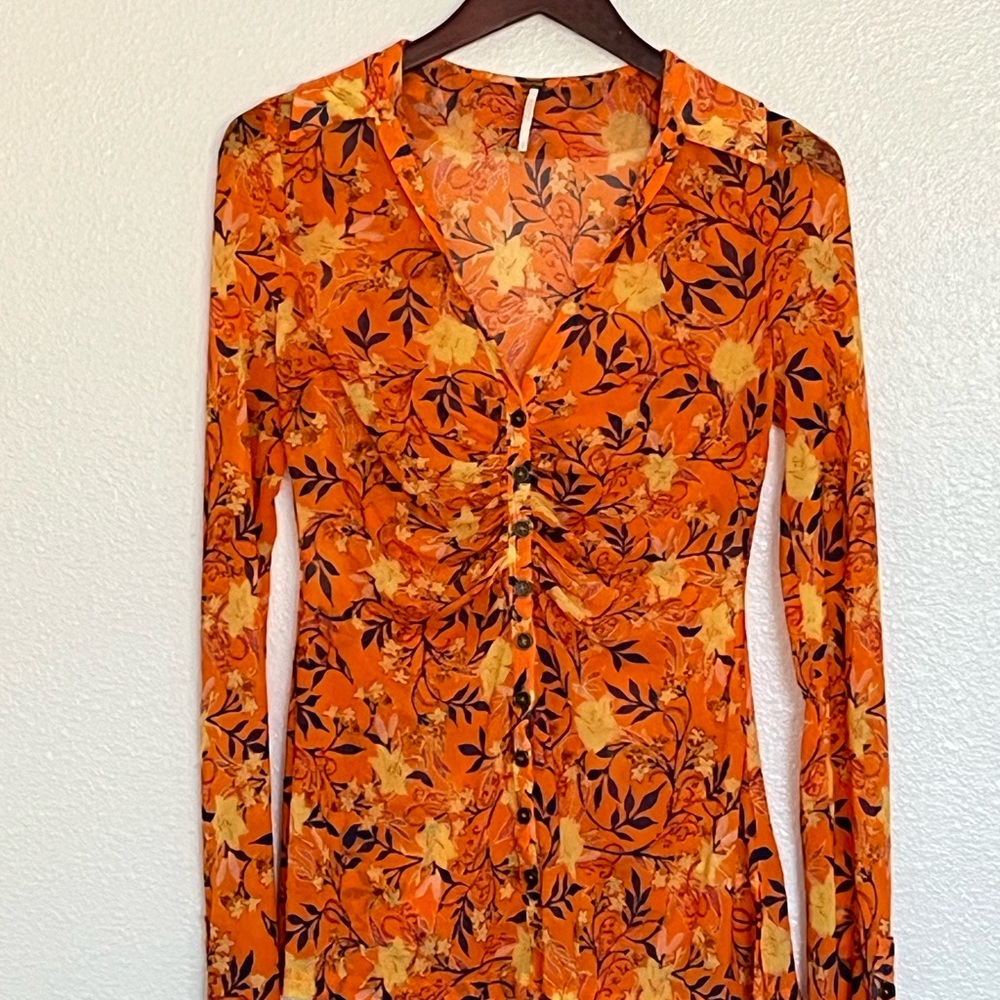NWOT Free People Floral Lucky Shirtee Button Down Ruched Top Womens Size Small